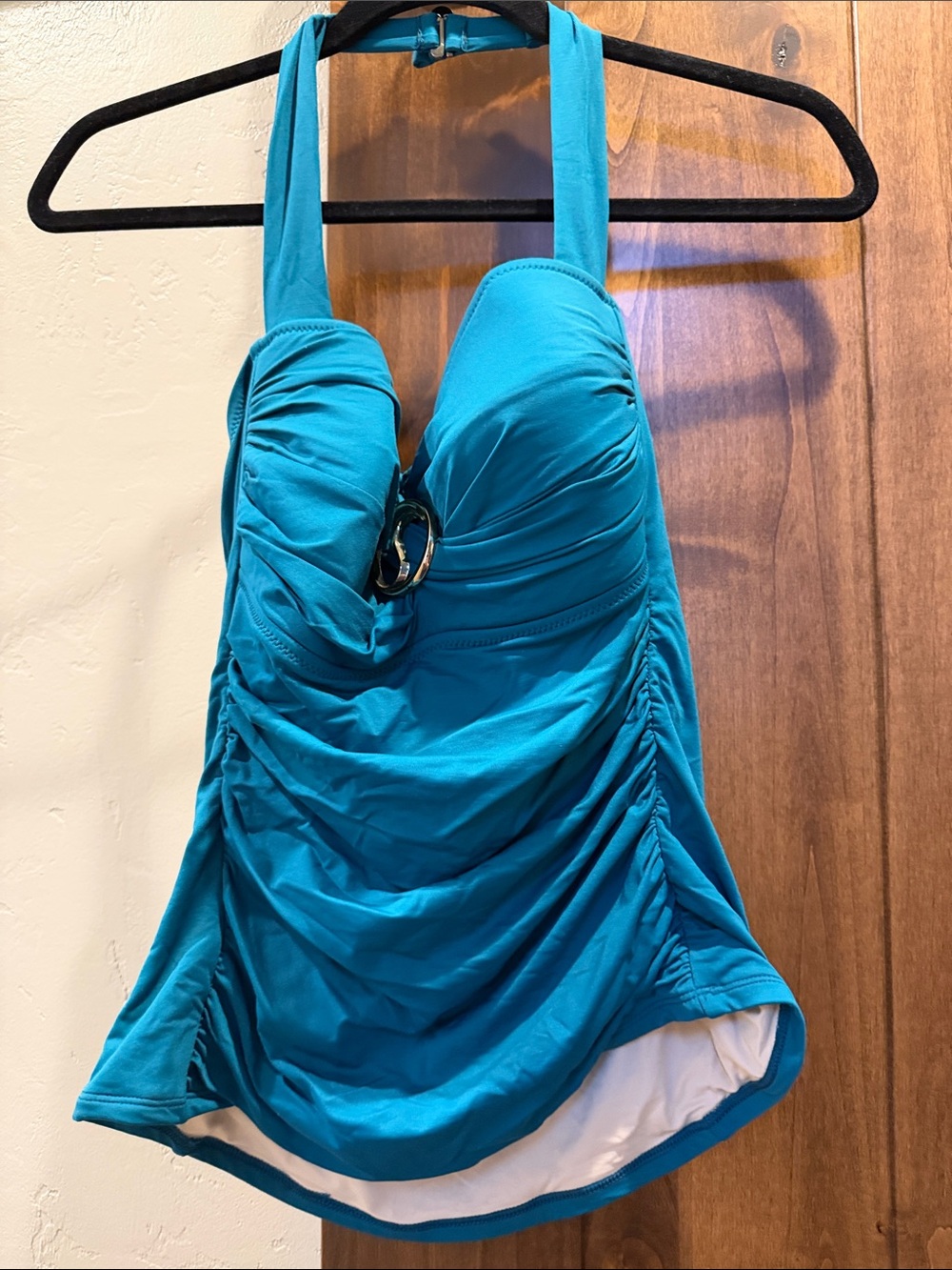 Ruched Teal Halter Tankini Top Swimsuit with Decorative Ring